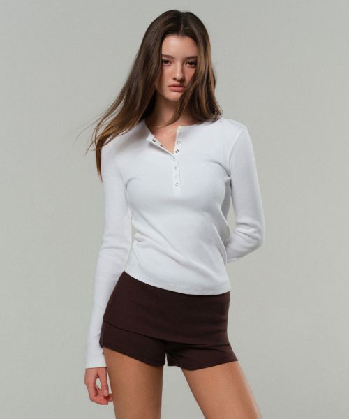 (Women) Musinsa Standard Women Ribbed Slim Henley Neck Long Sleeve T-Shirt [White] MWFTL3B15-WH