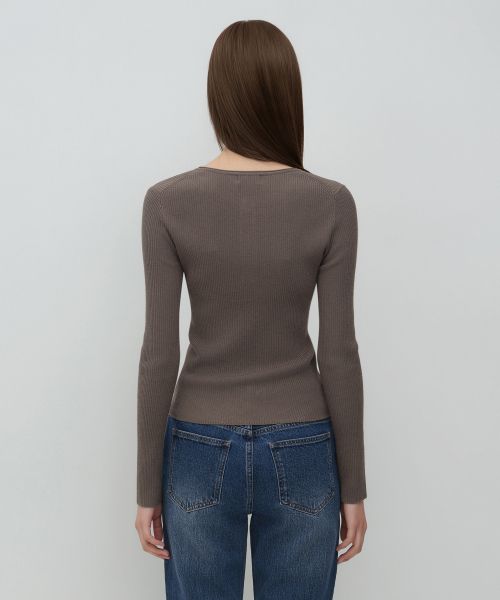 Lookbook (W) MUSINSA STANDARD 女款羅紋修身亨利領針織衫【灰褐色】 MWFWL1A01-TA