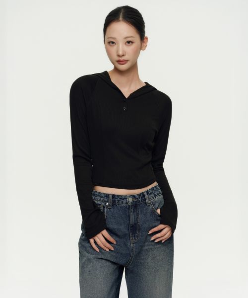 (Women) Musinsa Standard Women Ribbed Slim Hooded Long Sleeve T-Shirt [Black] MWDTL3Z03-BK