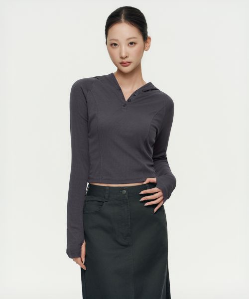 (Women) Musinsa Standard Women Ribbed Slim Hooded Long Sleeve T-Shirt [Dark Gray] MWDTL3Z03-DG