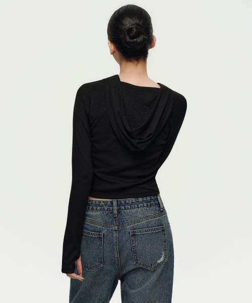Lookbook (Women) Musinsa Standard Women Ribbed Slim Hooded Long Sleeve T-Shirt [Black] MWDTL3Z03-BK