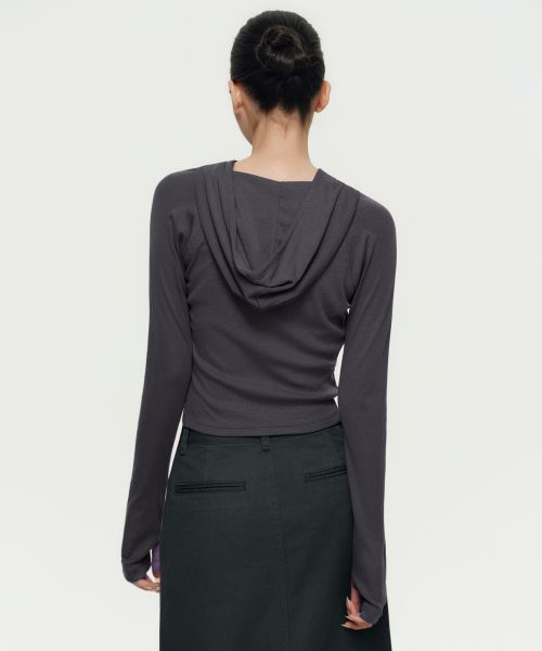 Lookbook (Women) Musinsa Standard Women Ribbed Slim Hooded Long Sleeve T-Shirt [Dark Gray] MWDTL3Z03-DG