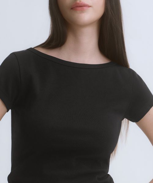 Shop (Women) MUSINSA STANDARD WOMEN Slim Boat Neck Cap Sleeve T-Shirt [Black] MWFTS5D11-BK