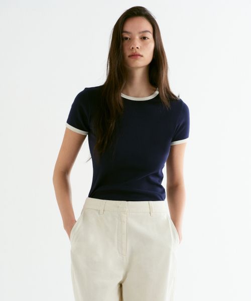 (Women) Musinsa Standard Women Slim Crew Neck Ringer T-Shirt [Navy/Cream] MWDTS5Z04-D5