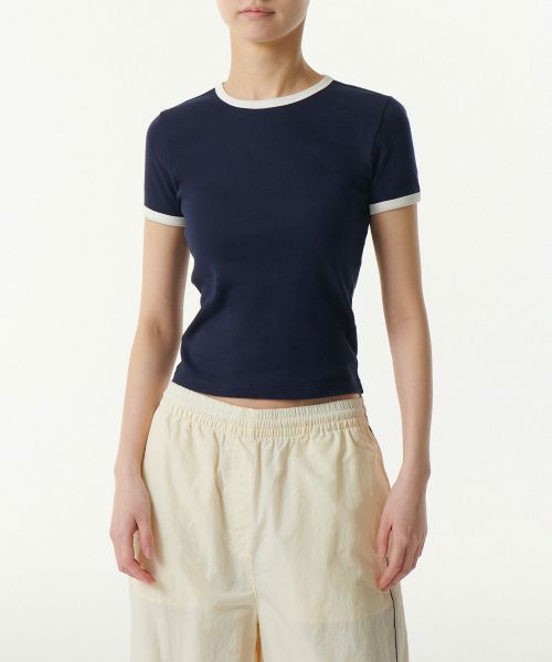 Order (Women) Musinsa Standard Women Slim Crew Neck Ringer T-Shirt [Navy/Cream] MWDTS5Z04-D5