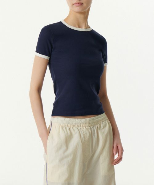 Lookbook (Women) Musinsa Standard Women Slim Crew Neck Ringer T-Shirt [Navy/Cream] MWDTS5Z04-D5