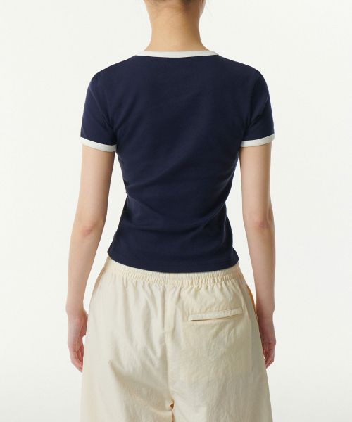 Shop (Women) Musinsa Standard Women Slim Crew Neck Ringer T-Shirt [Navy/Cream] MWDTS5Z04-D5