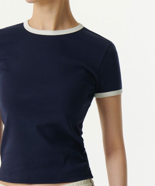 Details for (Women) Musinsa Standard Women Slim Crew Neck Ringer T-Shirt [Navy/Cream] MWDTS5Z04-D5