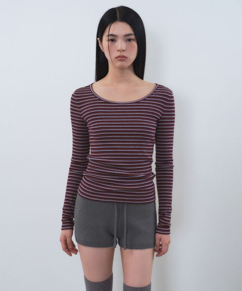 (Women) MUSINSA STANDARD WOMEN Slim Fit Long Sleeve Striped Ribbed T-Shirt [Burgundy] MWETL8D08-BD