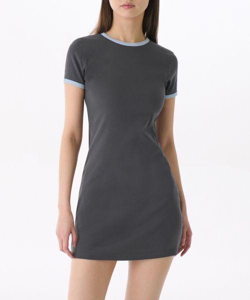 (Women) MUSINSA STANDARD WOMEN Slim Ringer Jersey Mini Dress [Dark Gray/Sky Blue] MWEOE3Z10-D7