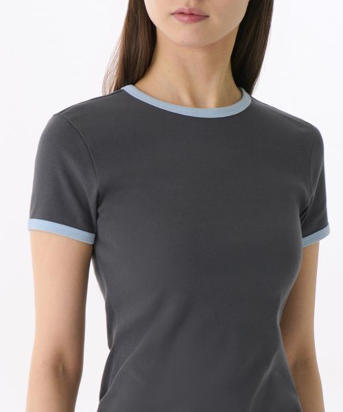 Lookbook (Women) MUSINSA STANDARD WOMEN Slim Ringer Jersey Mini Dress [Dark Gray/Sky Blue] MWEOE3Z10-D7