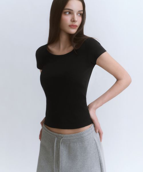 (Women) MUSINSA STANDARD WOMEN Slim Scoop Neck Cap Sleeve T-Shirt [Black] MWFTS5B10-BK