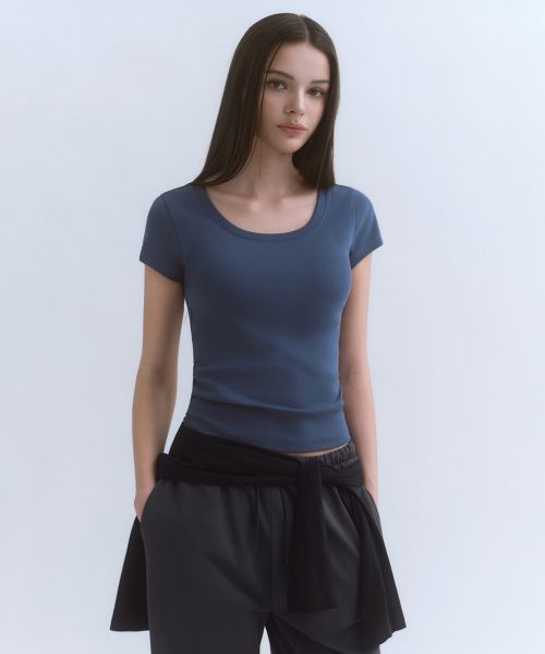 (Women) Musinsa Standard Women Slim Scoop Neck Cap Sleeve T-Shirt [Midnight Blue] MWFTS5B10-ME