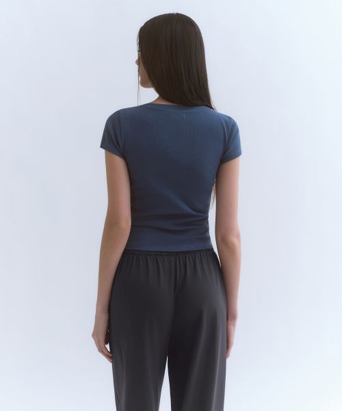 Lookbook (Women) Musinsa Standard Women Slim Scoop Neck Cap Sleeve T-Shirt [Midnight Blue] MWFTS5B10-ME