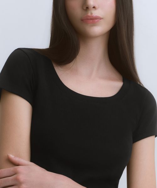 Shop (Women) MUSINSA STANDARD WOMEN Slim Scoop Neck Cap Sleeve T-Shirt [Black] MWFTS5B10-BK