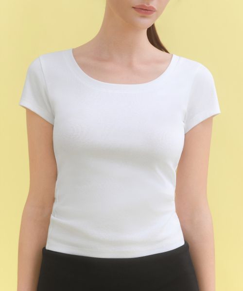 Shop (Women) MUSINSA STANDARD WOMEN Slim Scoop Neck Cap Sleeve T-Shirt [White] MWFTS5B10-WH