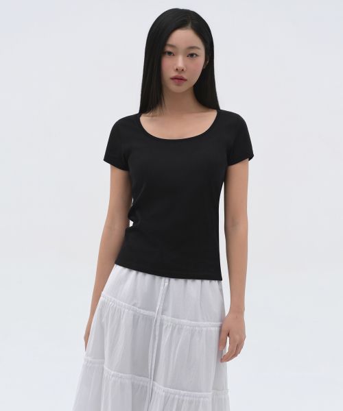 (Women) MUSINSA STANDARD WOMEN Slim Scoop Neck T-Shirt [Black] MWETS4Z03-BK