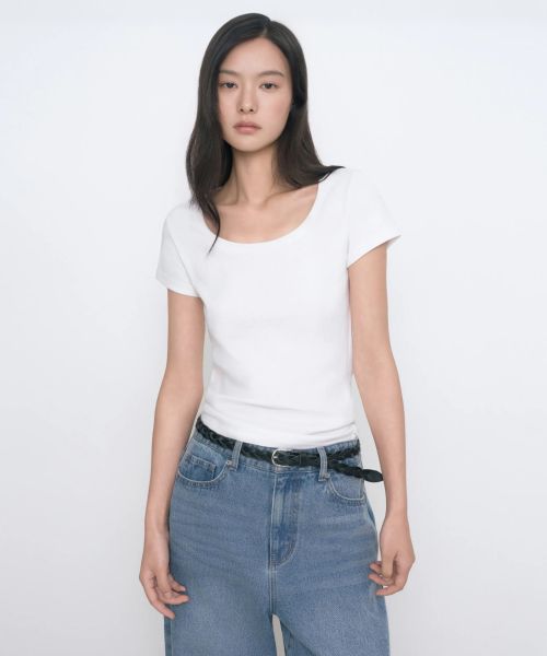 (Women) MUSINSA STANDARD WOMEN Slim Scoop Neck T-Shirt [White] MWETS4Z03-WH