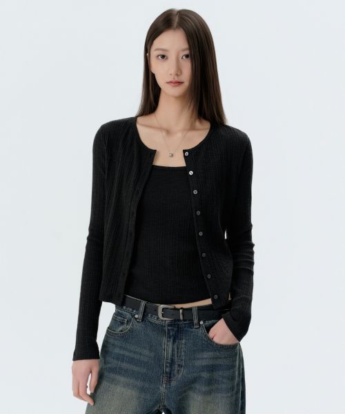 (Women) MUSINSA STANDARD WOMEN Slub Ribbed Top Cardigan Set [Black] MWFTL7A01-BK