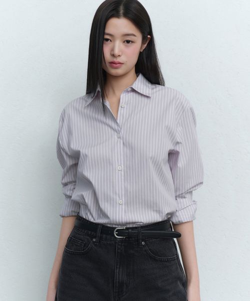 (Women) Musinsa Standard Women Striped Relaxed Poplin Shirt [Light Warm Gray] MWFSL4C02-LW