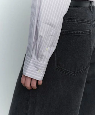 (W) Musinsa Standard Camisa holgada de popelina a rayas mujer, gris cálido claro MWFSL4C02-LW Purchase (W) Musinsa Standard Camisa holgada de popelina a rayas mujer, gris cálido claro MWFSL4C02-LW