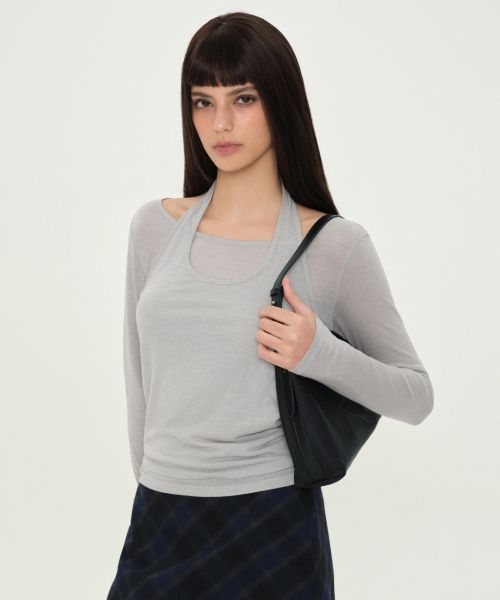(Women) Musinsa Standard Women Wool Tencel Halter Layered Long Sleeve Tee [Light Gray] MWFTL3A04-LG