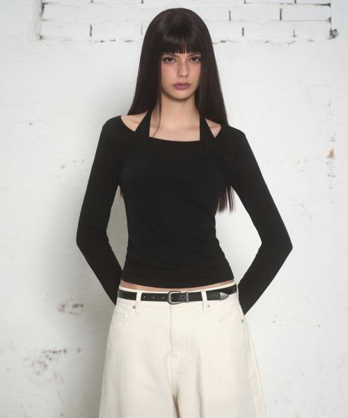 Lookbook (Women) Musinsa Standard Women Wool Tencel Halter Layered Long Sleeve T-Shirt [Black] MWFTL3A04-BK