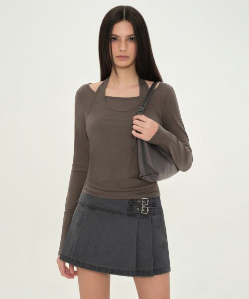 Lookbook (W) Camiseta Musinsa Standard de mujer, halter en capas, manga larga, lana y Tencel, marrón MWFTL3A04-BR