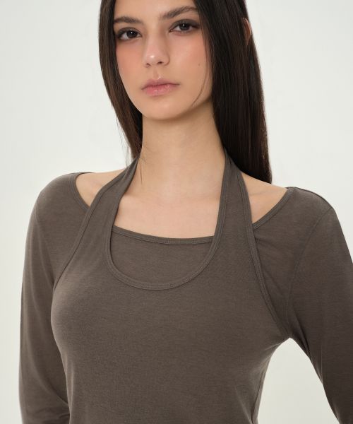 Purchase (W) Camiseta Musinsa Standard de mujer, halter en capas, manga larga, lana y Tencel, marrón MWFTL3A04-BR
