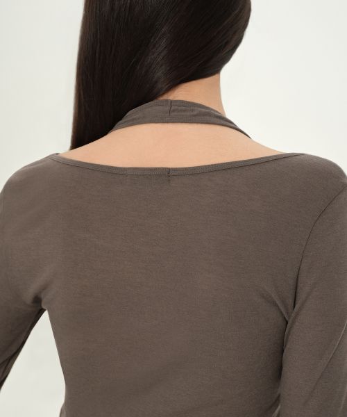 Details for (W) Camiseta Musinsa Standard de mujer, halter en capas, manga larga, lana y Tencel, marrón MWFTL3A04-BR