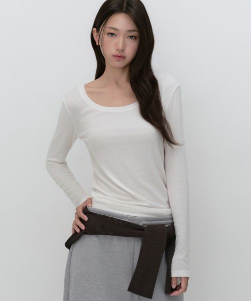 (Women) Musinsa Standard Women Wool Tencel Slim Scoop Neck Long Sleeve T-Shirt [Ivory] MWFTL9A09-IV