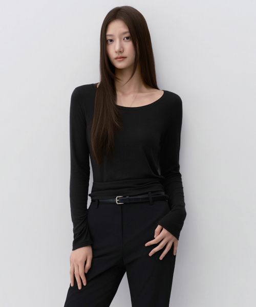 (Women) Musinsa Standard Women Wool Tencel Slim Scoop Neck Long Sleeve T-Shirt [Black] MWFTL9A09-BK