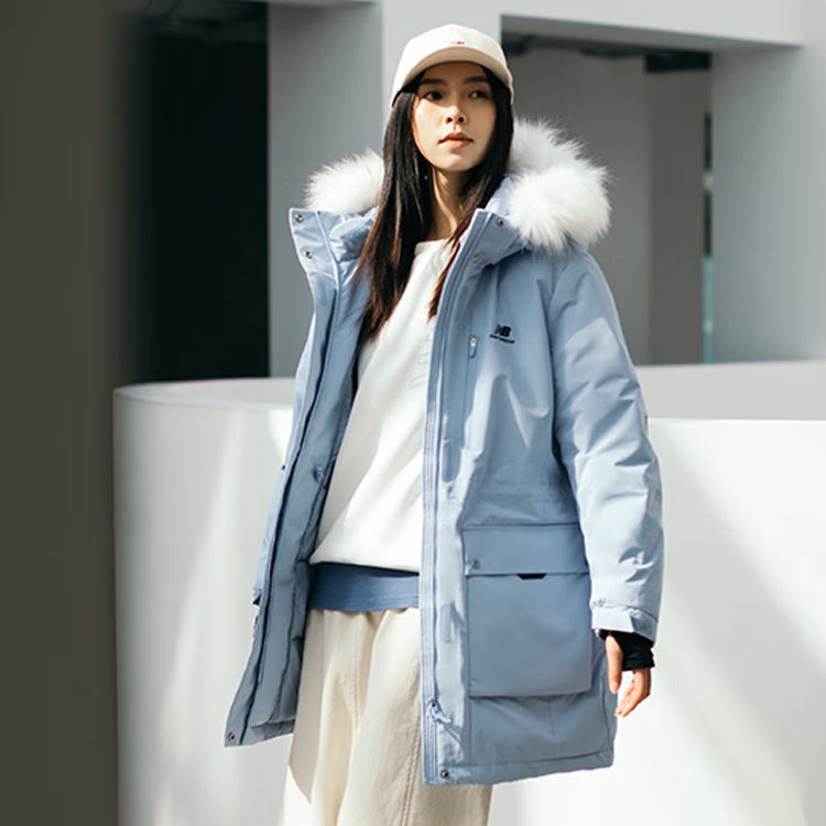 Shop (Women) New Balance  Blue Hooded Puffer Jacket with Logo Print and Fur Collar. 5PC44432-LBL