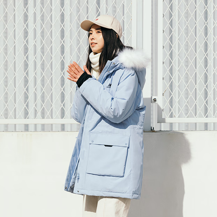 Purchase (Women) New Balance  Blue Hooded Puffer Jacket with Logo Print and Fur Collar. 5PC44432-LBL