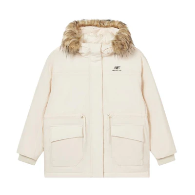 (Women) New Balance Hidden Zip Hooded Down Jacket Cream White with Logo Print. AWJ23330-TCM