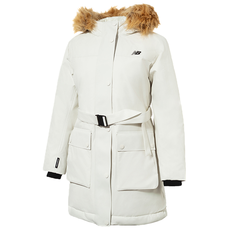 Order (Women) New Balance  White Hooded Long Down Jacket with Fur Collar. AWJ34318CIC
