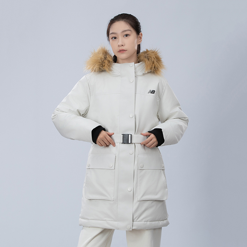 Shop (Women) New Balance  White Hooded Long Down Jacket with Fur Collar. AWJ34318CIC
