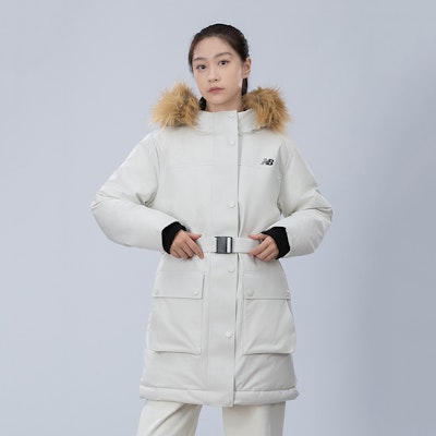 (Women) New Balance White Hooded Long Down Jacket with Fur Collar. AWJ34318CIC Shop (Women) New Balance White Hooded Long Down Jacket with Fur Collar. AWJ34318CIC