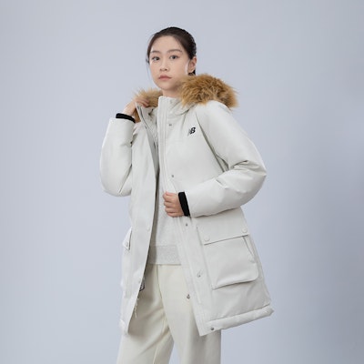 (Women) New Balance White Hooded Long Down Jacket with Fur Collar. AWJ34318CIC Purchase (Women) New Balance White Hooded Long Down Jacket with Fur Collar. AWJ34318CIC