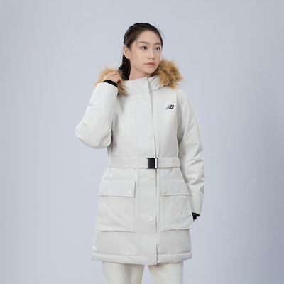 (Women) New Balance White Hooded Long Down Jacket with Fur Collar. AWJ34318CIC Details for (Women) New Balance White Hooded Long Down Jacket with Fur Collar. AWJ34318CIC