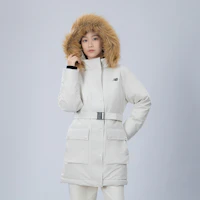 Sizing (Women) New Balance White Hooded Long Down Jacket with Fur Collar. AWJ34318CIC