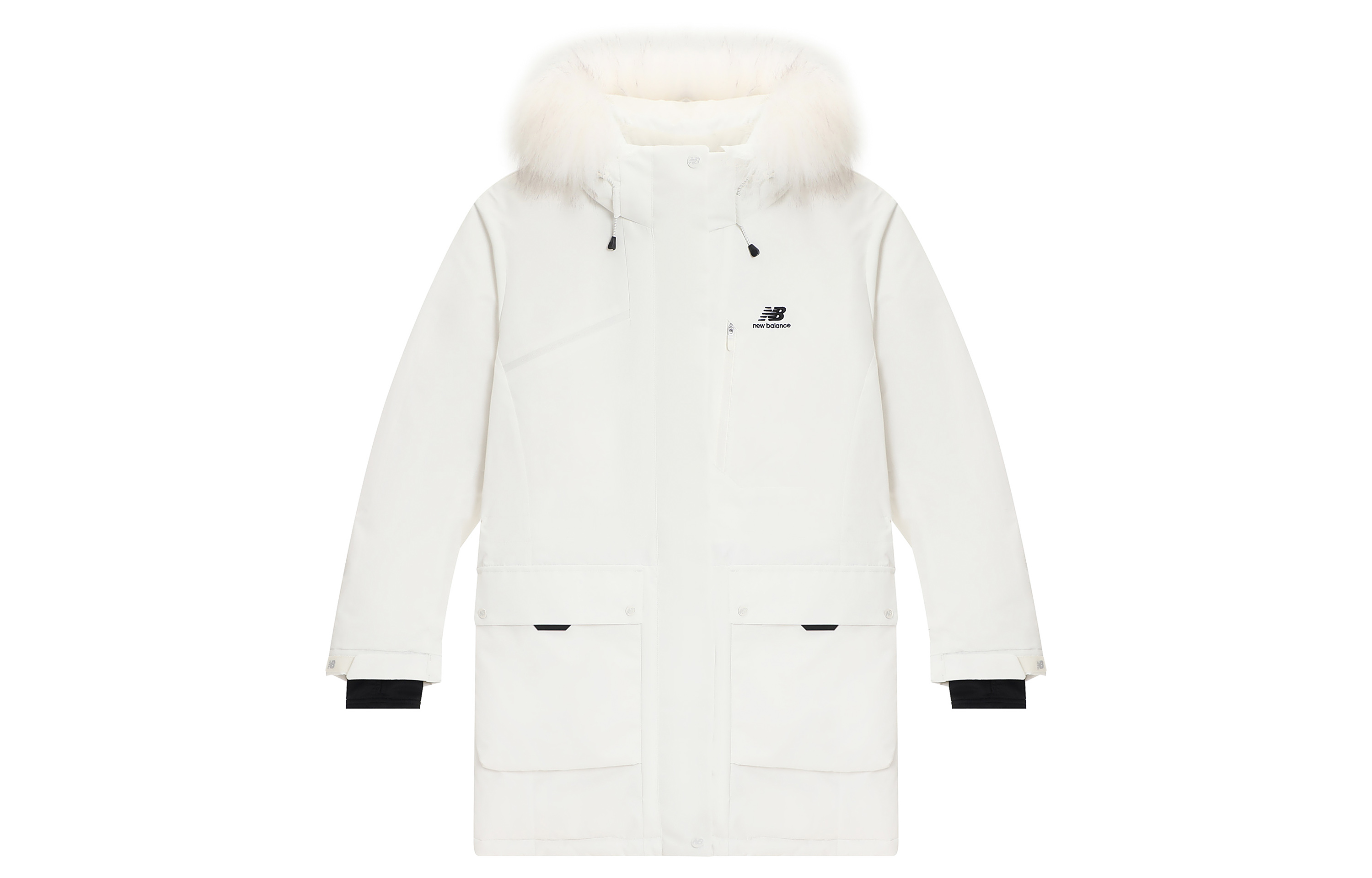 (Women) New Balance  White Logo Print Hooded Puffer Jacket with Fur Trim. 5PC44432-IV