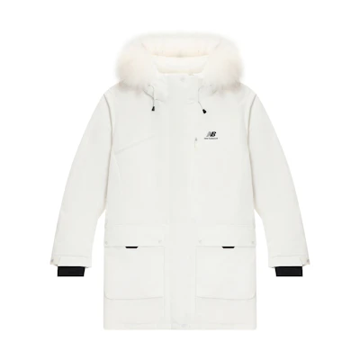 (Women) New Balance White Logo Print Hooded Puffer Jacket with Fur Trim. 5PC44432-IV