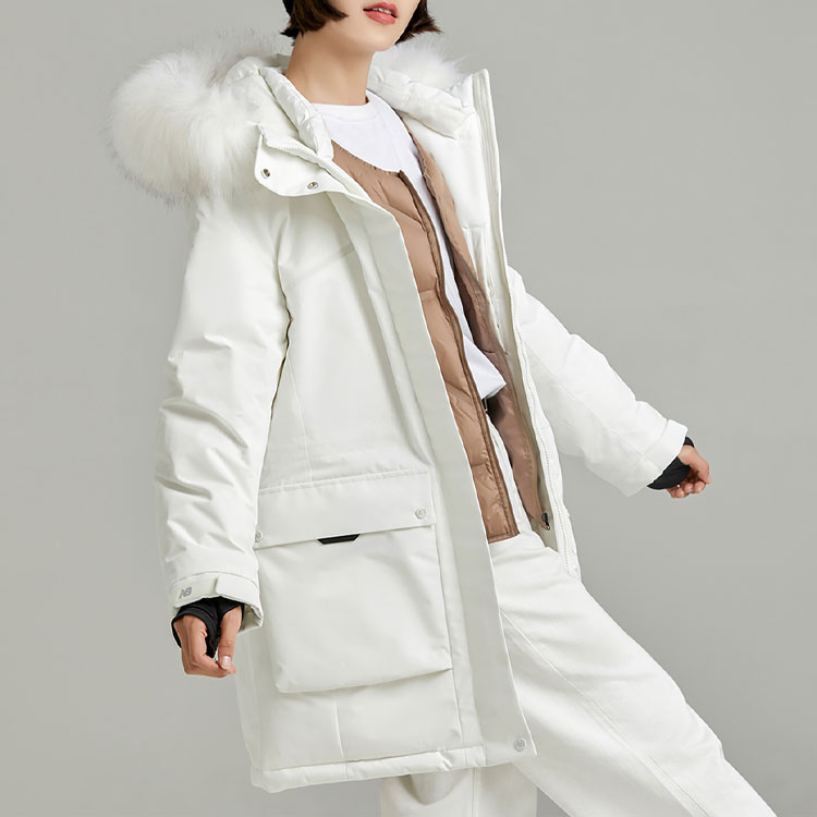 Cheap (W) New Balance Jaket Puffer Hoodie Putih Logo dengan Pinggiran Bulu. 5PC44432-IV