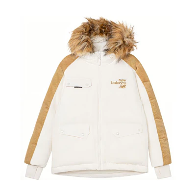 (Women) New Balance White Patchwork Corduroy Hooded Down Jacket with Fur Trim. AWJ24306-CIC