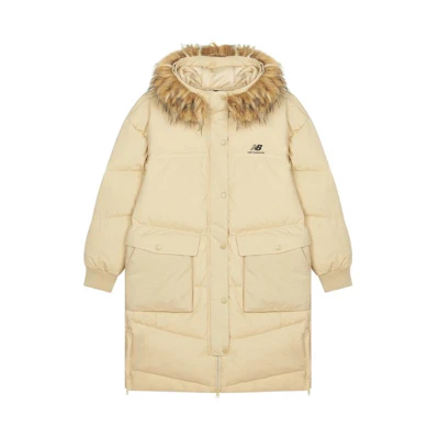 (Women) New Balance Yellow Down Jacket with Fur Hood and Logo Print. AWJ14354-PEB