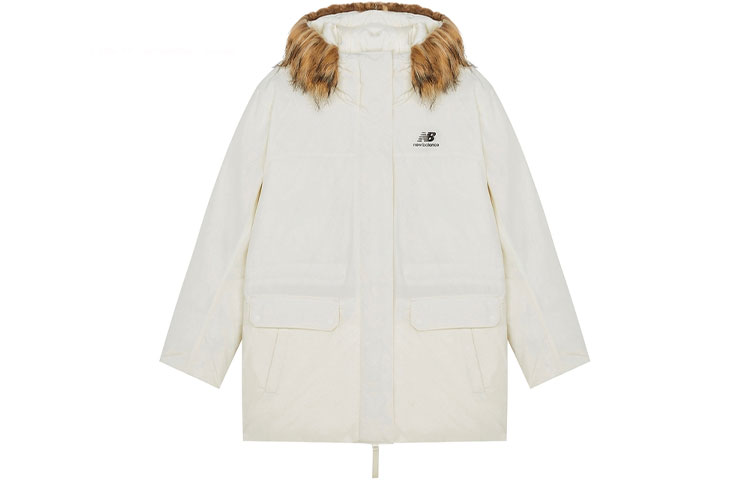 Order (Women) New Balance Beige Logo Hooded Down Jacket with Fur Trim - Winter Wear AWJ13340-SST