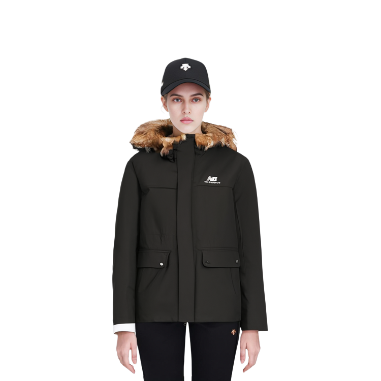 Sizing (Women) New Balance Black Down Jacket with Fur Hood Winter Coat Long Sleeve. AWJ13340-BK