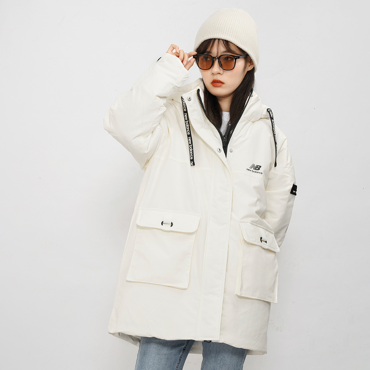 Details for (Women) New Balance Logo Embroidered Long Down Jacket Winter White Coat. AWJ14350-NMC