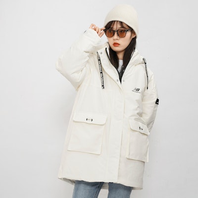 (Women) New Balance Logo Embroidered Long Down Jacket Winter White Coat. AWJ14350-NMC Details for (Women) New Balance Logo Embroidered Long Down Jacket Winter White Coat. AWJ14350-NMC